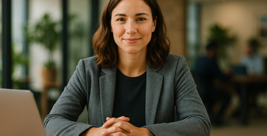Friendly insurance advisor sitting at a desk in a bright office, hands clasped, laptop and notepad visible